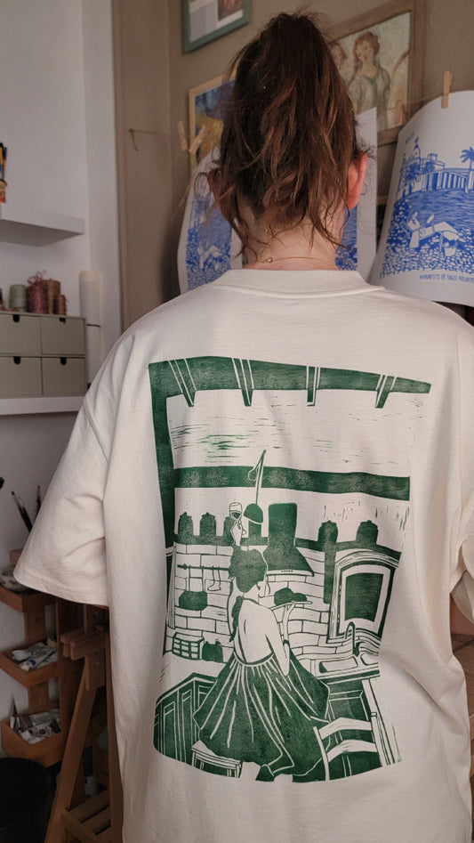 Teeshirt oversize en linogravure - "Ode à la vie" - Couleur Vert Foncé - Taille S