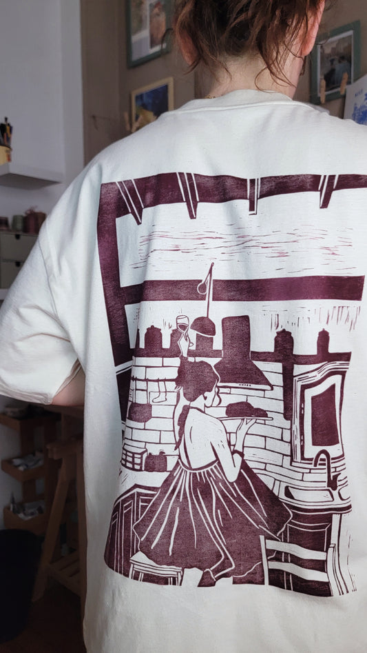 Teeshirt oversize en linogravure - "Ode à la vie" - Couleur Violet - Taille XS