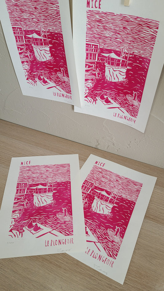 Linogravure originale en édition limitée "Le plongeoir" Couleur Magenta