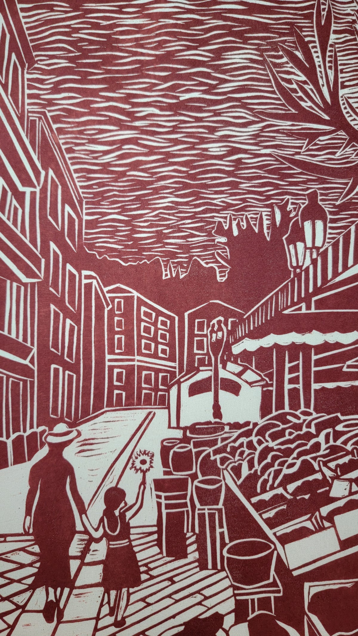 Teeshirt oversize en linogravure - "Au cœur du cours Saleya" - Couleur Rouge brique - Taille L