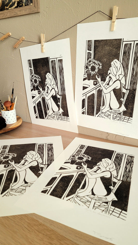 Linogravure originale en édition limitée "La fille aux tournesols" Couleur Sépia