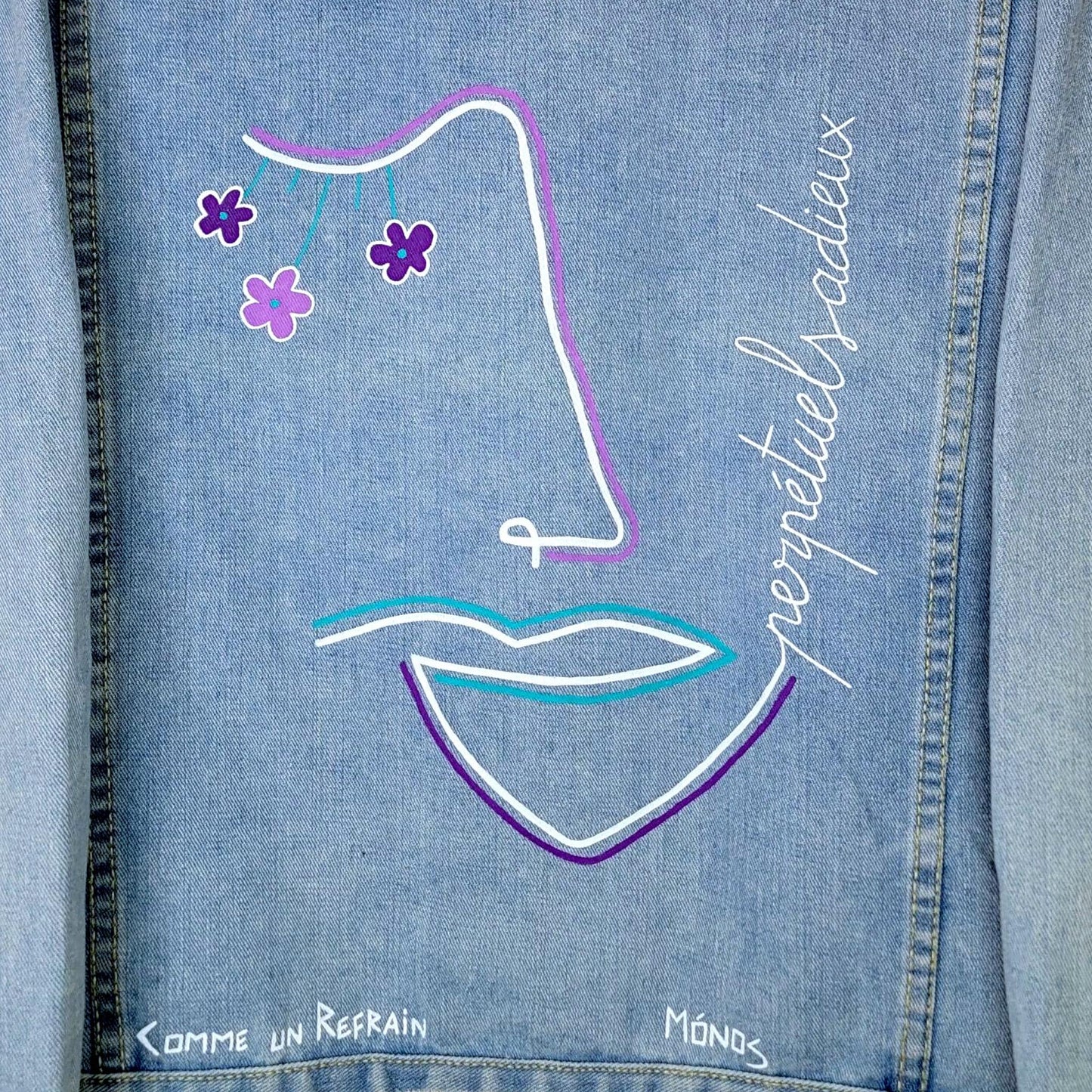 Veste en jean upcyclée peinte à la main. " Perpétuels adieux" Taille : L (femme)