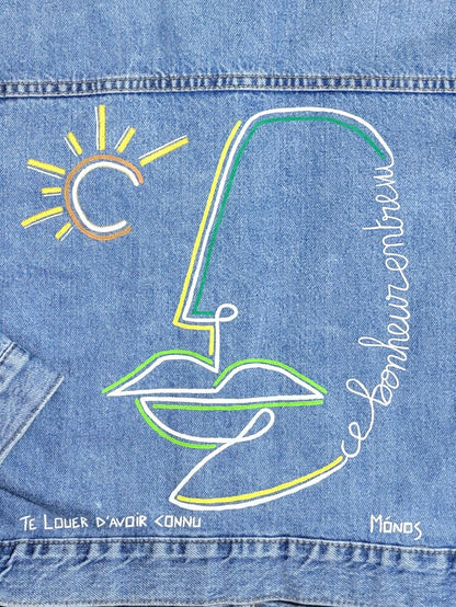 Veste en jean upcyclée peinte à la main. "Ce bonheur entrevu" - Taille : S (femme)