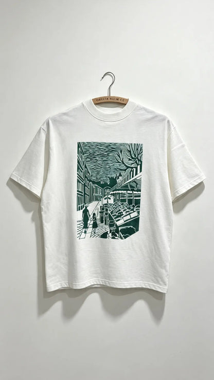 Teeshirt oversize en linogravure - "Au cœur du cours Saleya" - Couleur Vert Foncé - Taille L