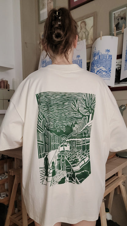 Teeshirt oversize en linogravure - "Au cœur du cours Saleya" - Couleur Vert Foncé - Taille L