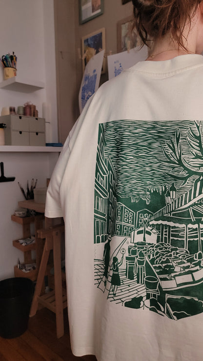 Teeshirt oversize en linogravure - "Au cœur du cours Saleya" - Couleur Vert Foncé - Taille L