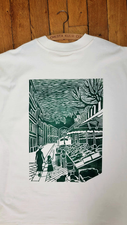 Teeshirt oversize en linogravure - "Au cœur du cours Saleya" - Couleur Vert Foncé - Taille L