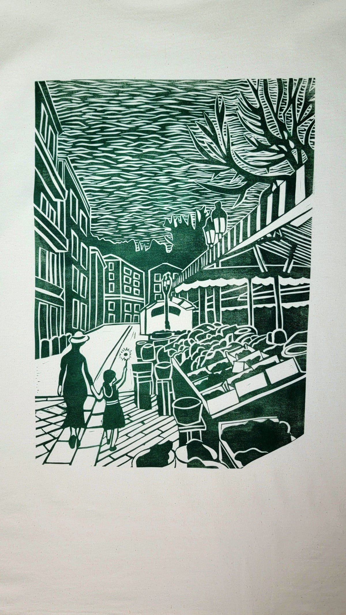 Teeshirt oversize en linogravure - "Au cœur du cours Saleya" - Couleur Vert Foncé - Taille L