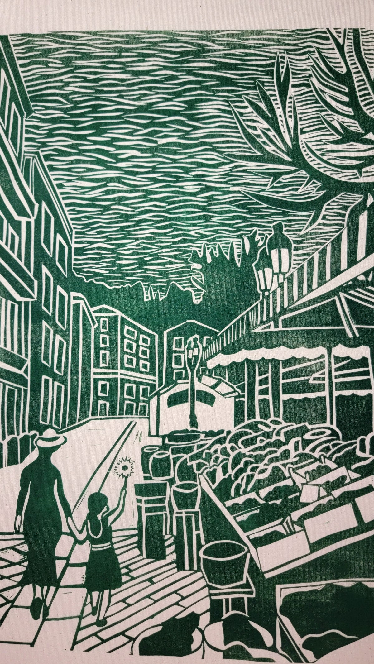 Teeshirt oversize en linogravure - "Au cœur du cours Saleya" - Couleur Vert Foncé - Taille L