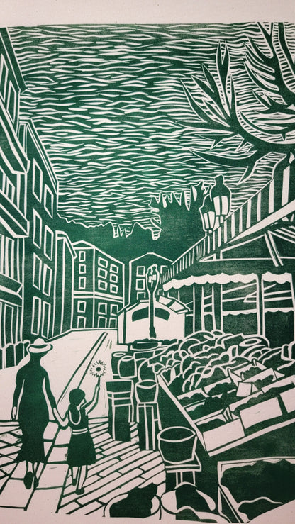 Teeshirt oversize en linogravure - "Au cœur du cours Saleya" - Couleur Vert Foncé - Taille L