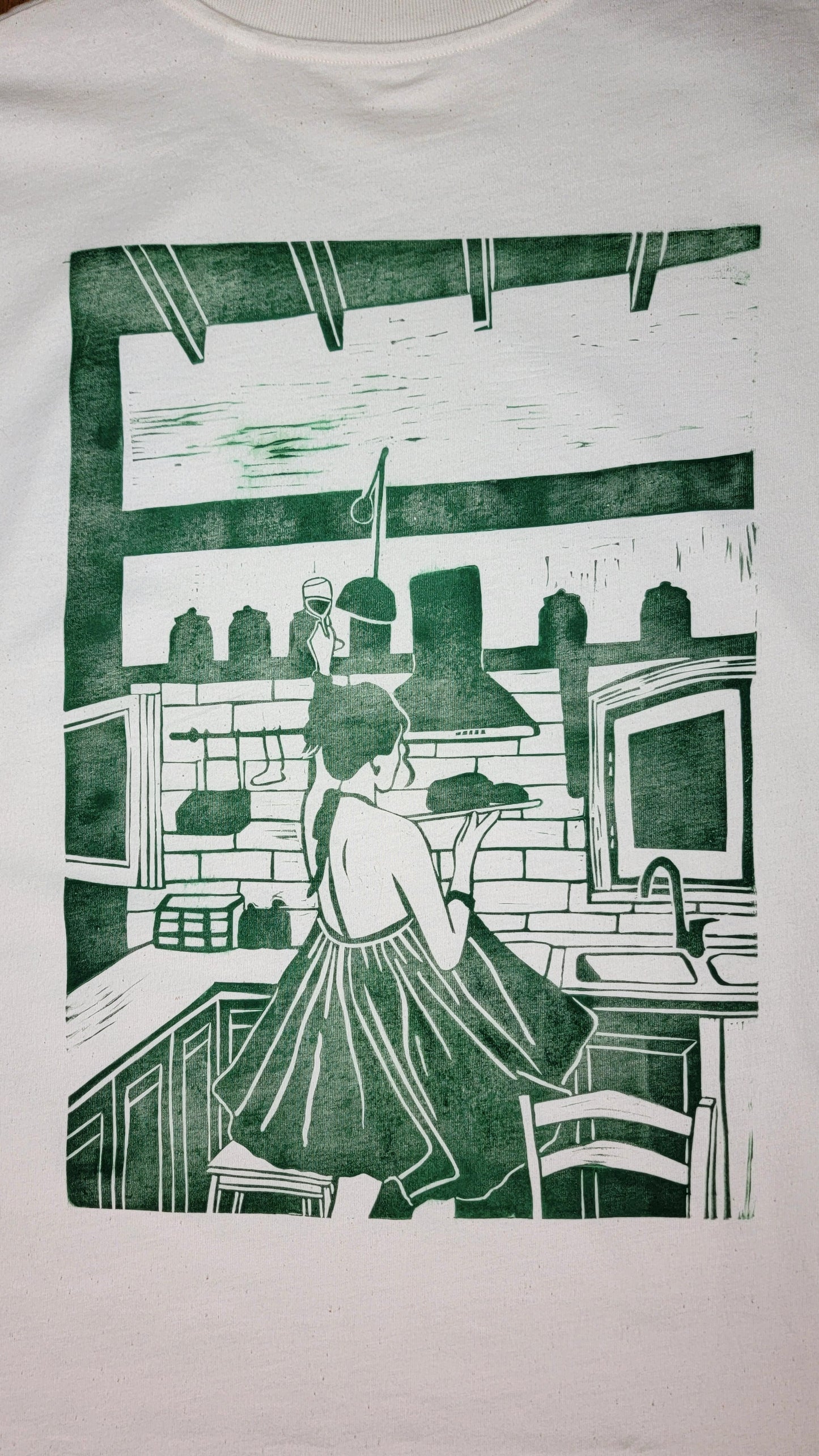 Teeshirt oversize en linogravure - "Ode à la vie" - Couleur Vert Foncé - Taille S