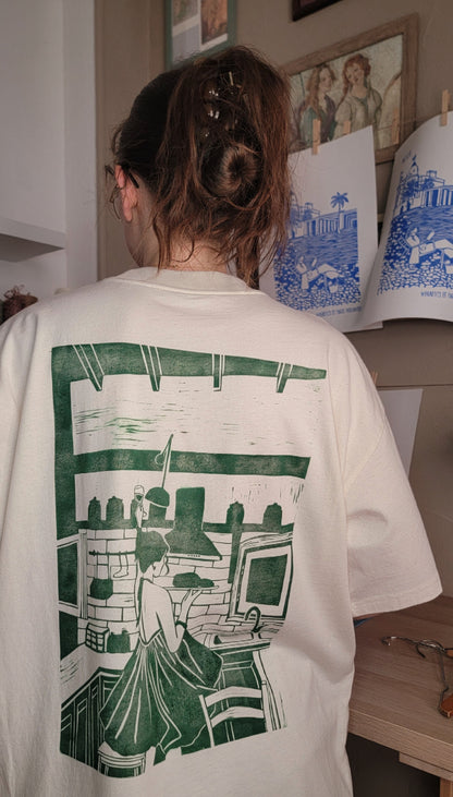 Teeshirt oversize en linogravure - "Ode à la vie" - Couleur Vert Foncé - Taille S