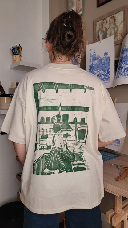 Teeshirt oversize en linogravure - "Ode à la vie" - Couleur Vert Foncé - Taille S