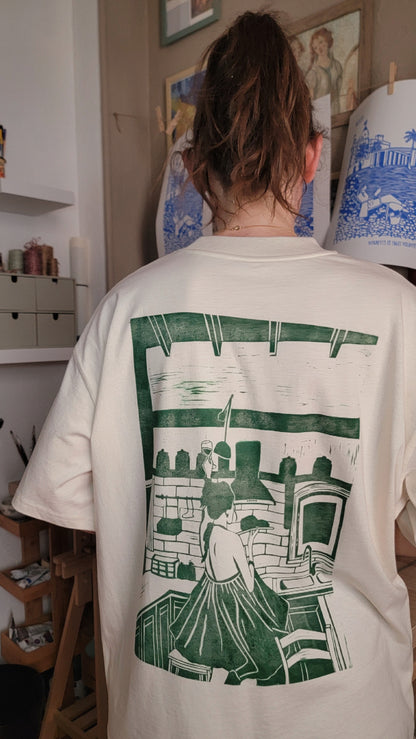 Teeshirt oversize en linogravure - "Ode à la vie" - Couleur Vert Foncé - Taille S