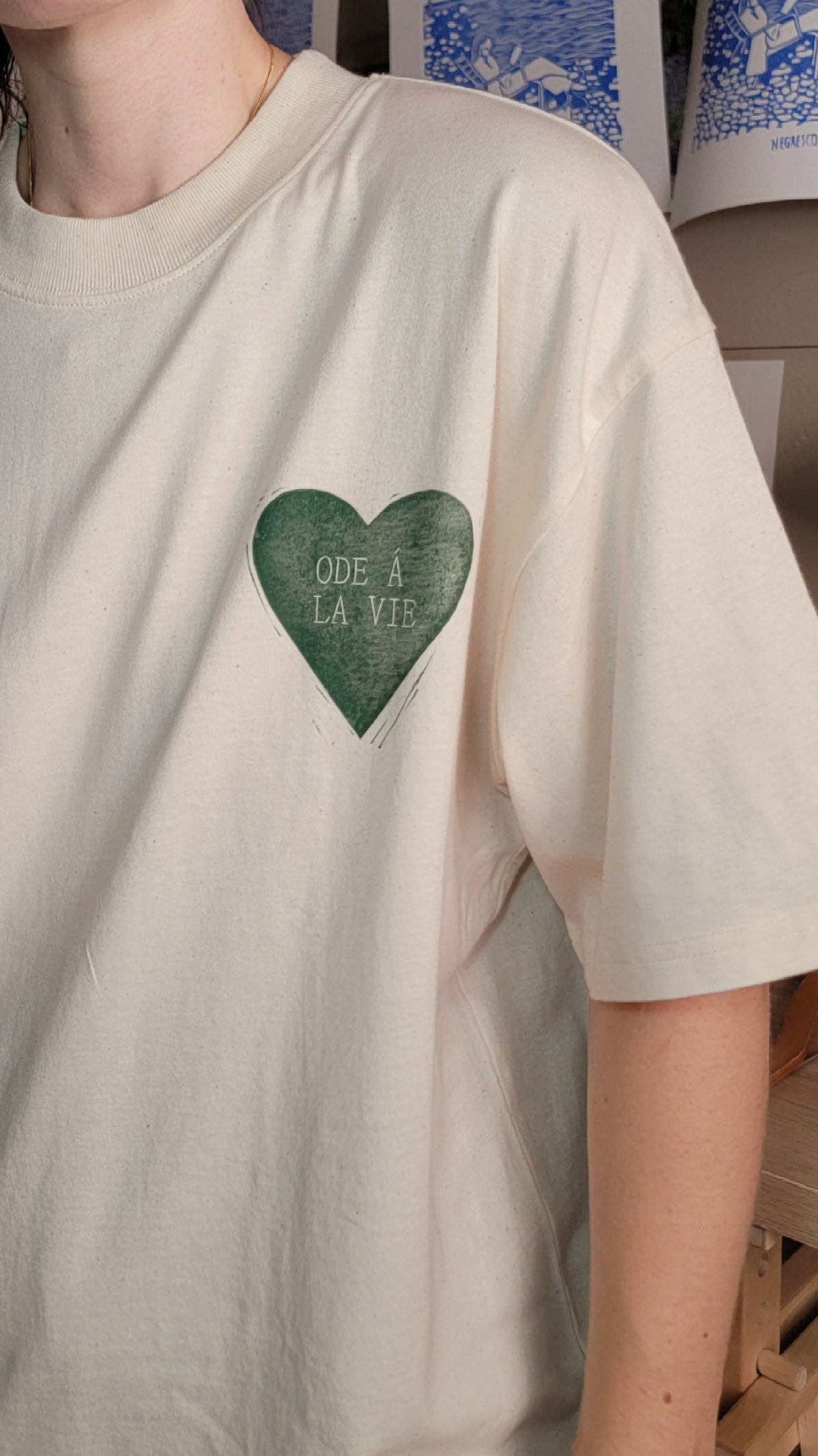 Teeshirt oversize en linogravure - "Ode à la vie" - Couleur Vert Foncé - Taille S