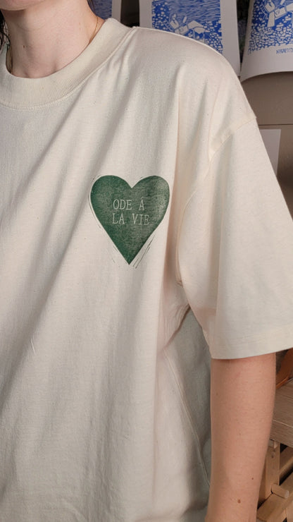 Teeshirt oversize en linogravure - "Ode à la vie" - Couleur Vert Foncé - Taille S