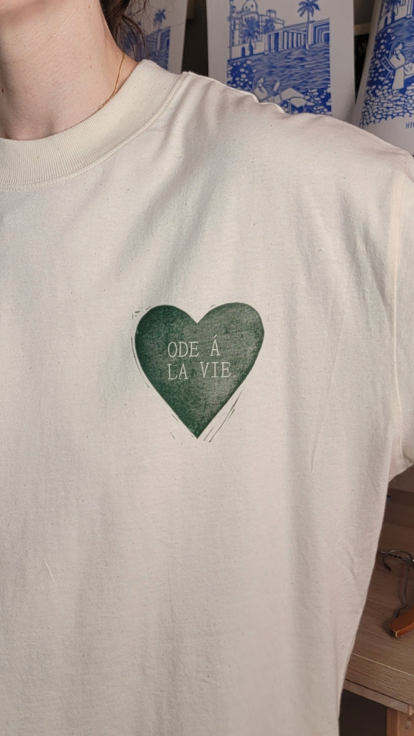 Teeshirt oversize en linogravure - "Ode à la vie" - Couleur Vert Foncé - Taille S