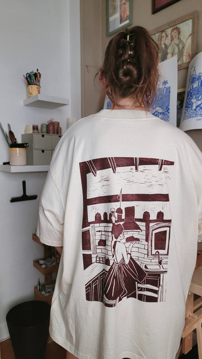 Teeshirt oversize en linogravure - "Ode à la vie" - Couleur Violet - Taille XL
