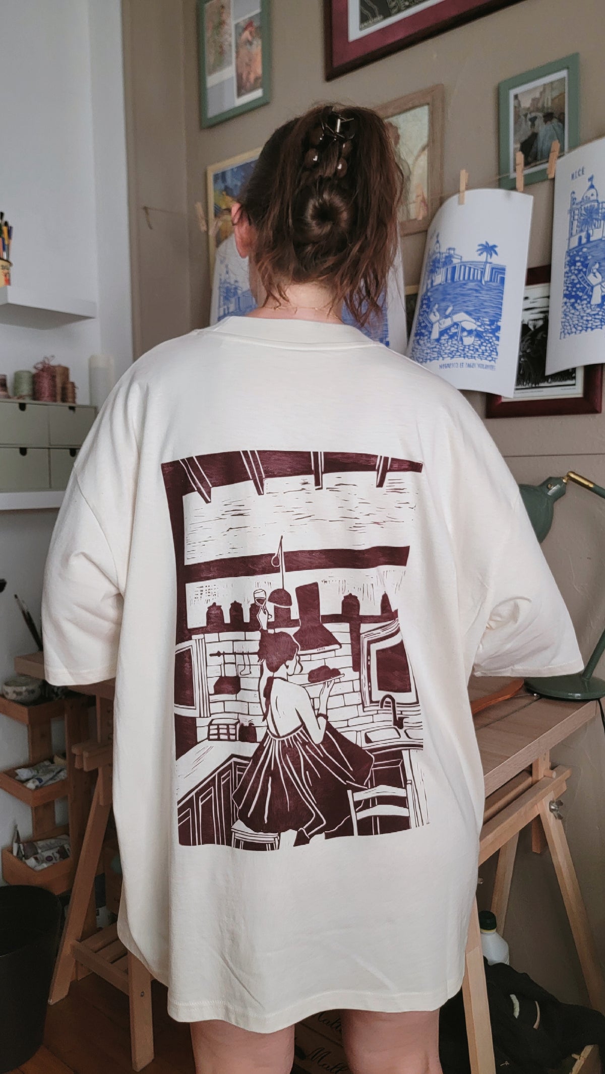 Teeshirt oversize en linogravure - "Ode à la vie" - Couleur Violet - Taille XL