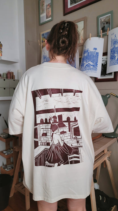 Teeshirt oversize en linogravure - "Ode à la vie" - Couleur Violet - Taille XL