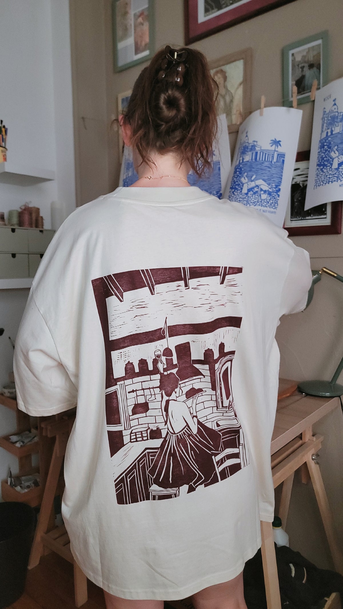 Teeshirt oversize en linogravure - "Ode à la vie" - Couleur Violet - Taille XL