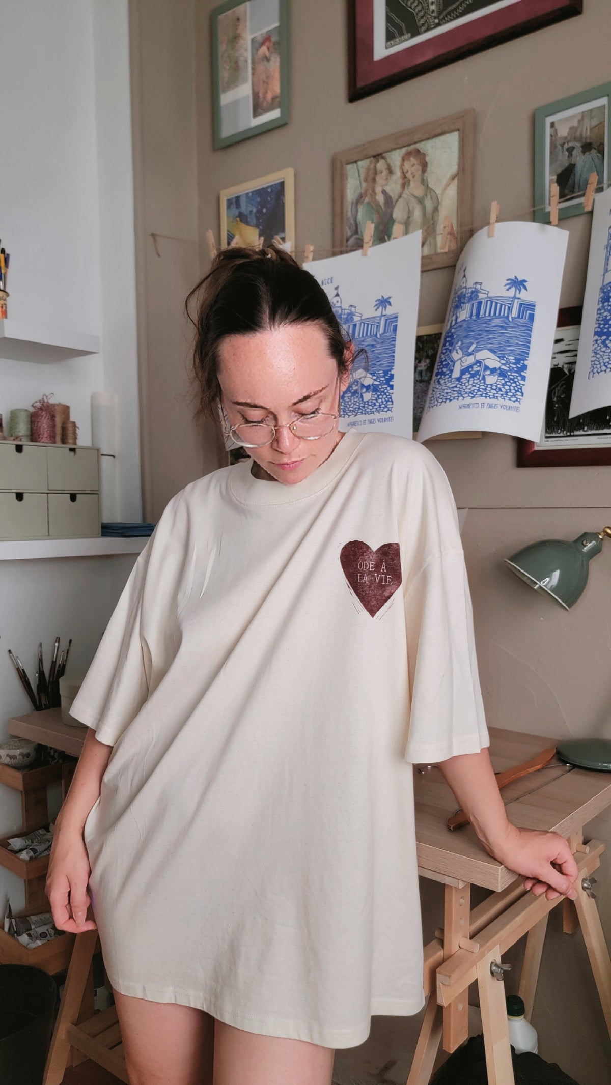 Teeshirt oversize en linogravure - "Ode à la vie" - Couleur Violet - Taille XL