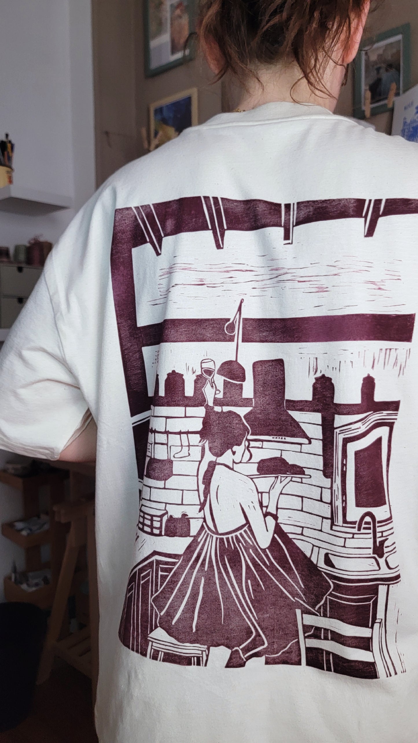 Teeshirt oversize en linogravure - "Ode à la vie" - Couleur Violet - Taille XS