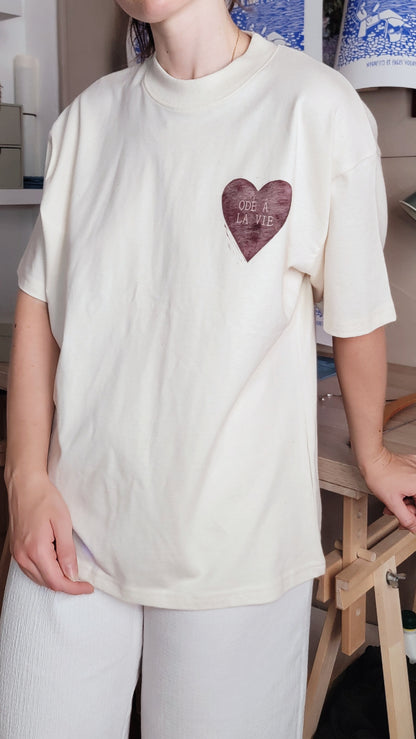 Teeshirt oversize en linogravure - "Ode à la vie" - Couleur Violet - Taille XS