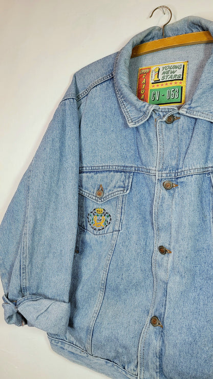 Veste en jean upcyclée peinte à la main. "Le parfum du coeur" - Taille : L (coupe oversize)