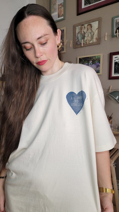 Teeshirt oversize en linogravure - "Ode à la vie" - Couleur Blue midnight - Taille S