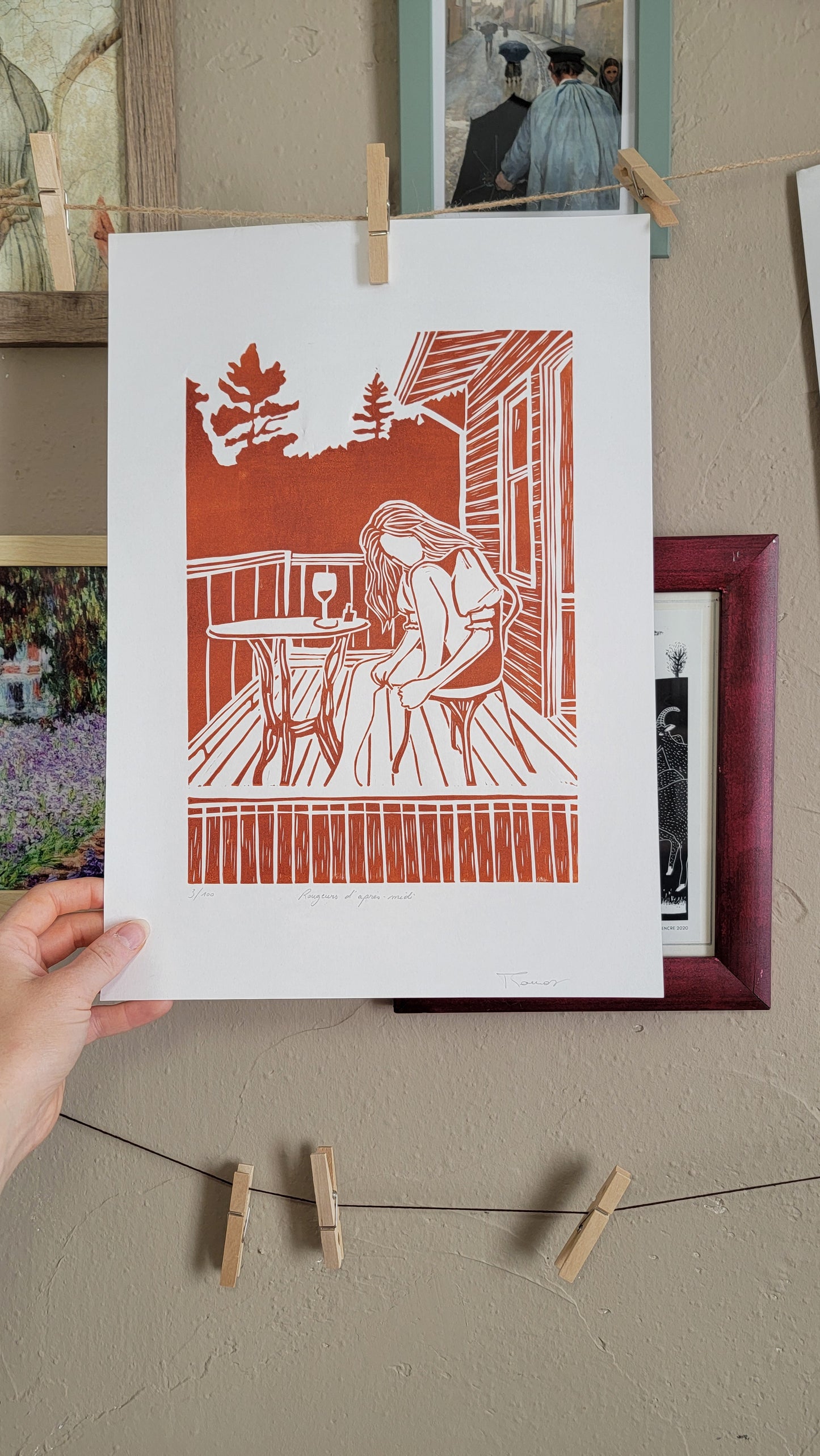 Linogravure originale en édition limitée "Rougeurs d'après-midi" Couleur Sanguine