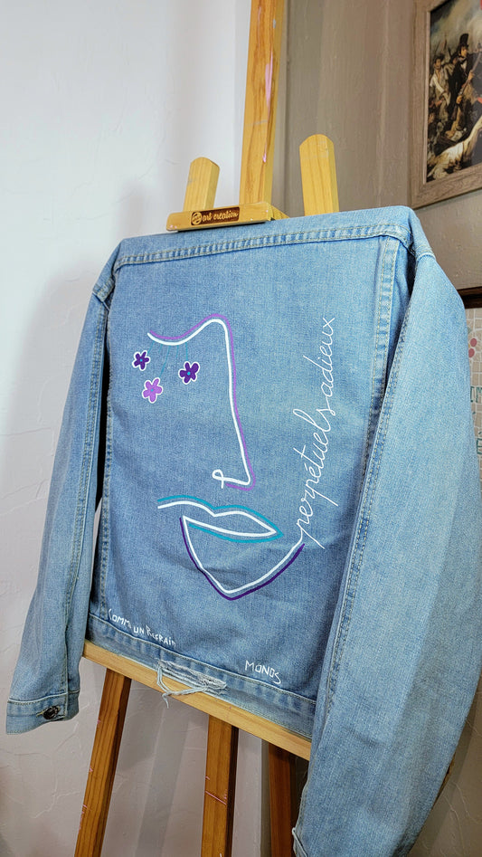 Veste en jean upcyclée peinte à la main. " Perpétuels adieux" Taille : L (femme)