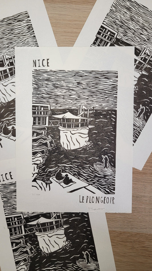 Linogravure originale en édition limitée "Le plongeoir" Couleur Sépia