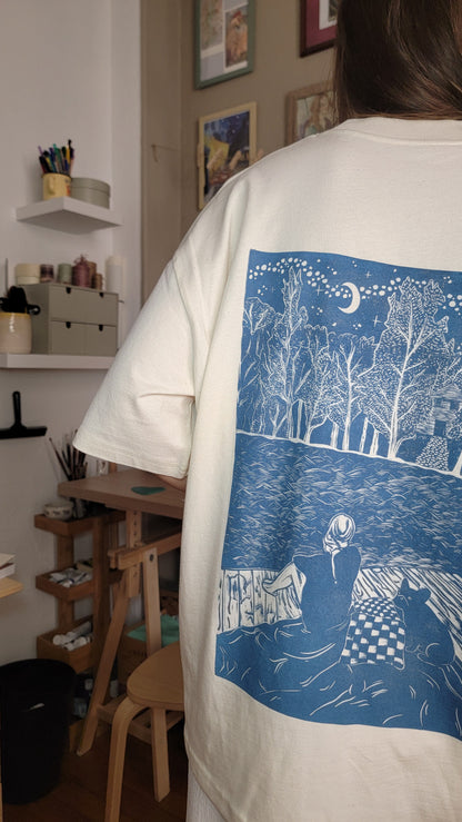 Teeshirt oversize en linogravure - "Ode à la vie" - Couleur Blue midnight - Taille S