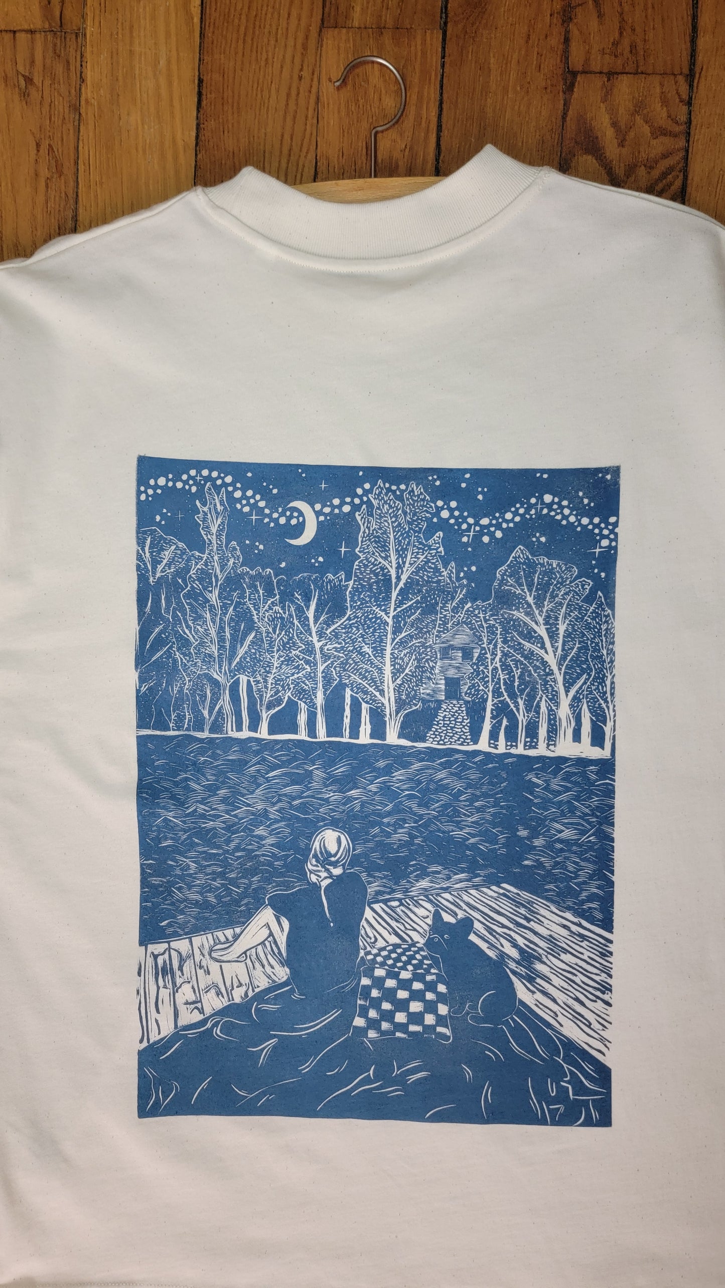 Teeshirt oversize en linogravure - "Ode à la vie" - Couleur Blue midnight - Taille S