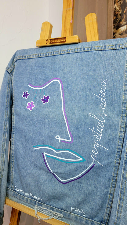 Veste en jean upcyclée peinte à la main. " Perpétuels adieux" Taille : L (femme)