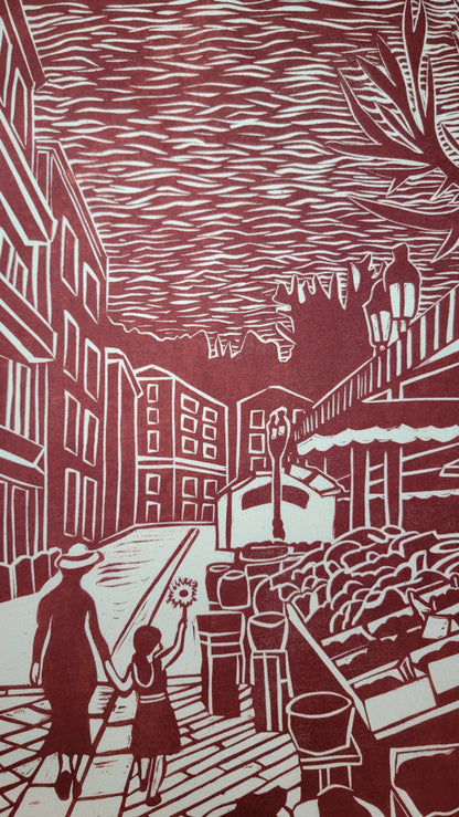 Teeshirt oversize en linogravure - "Au cœur du cours Saleya" - Couleur Rouge brique  - Taille L