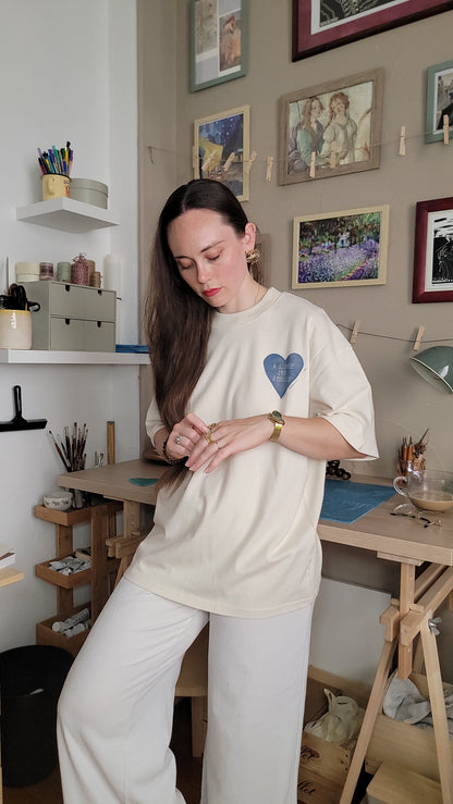 Teeshirt oversize en linogravure - "Ode à la vie" - Couleur Blue midnight - Taille S