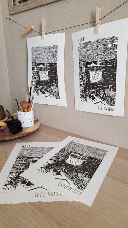 Linogravure originale en édition limitée "Le plongeoir" Couleur Sépia