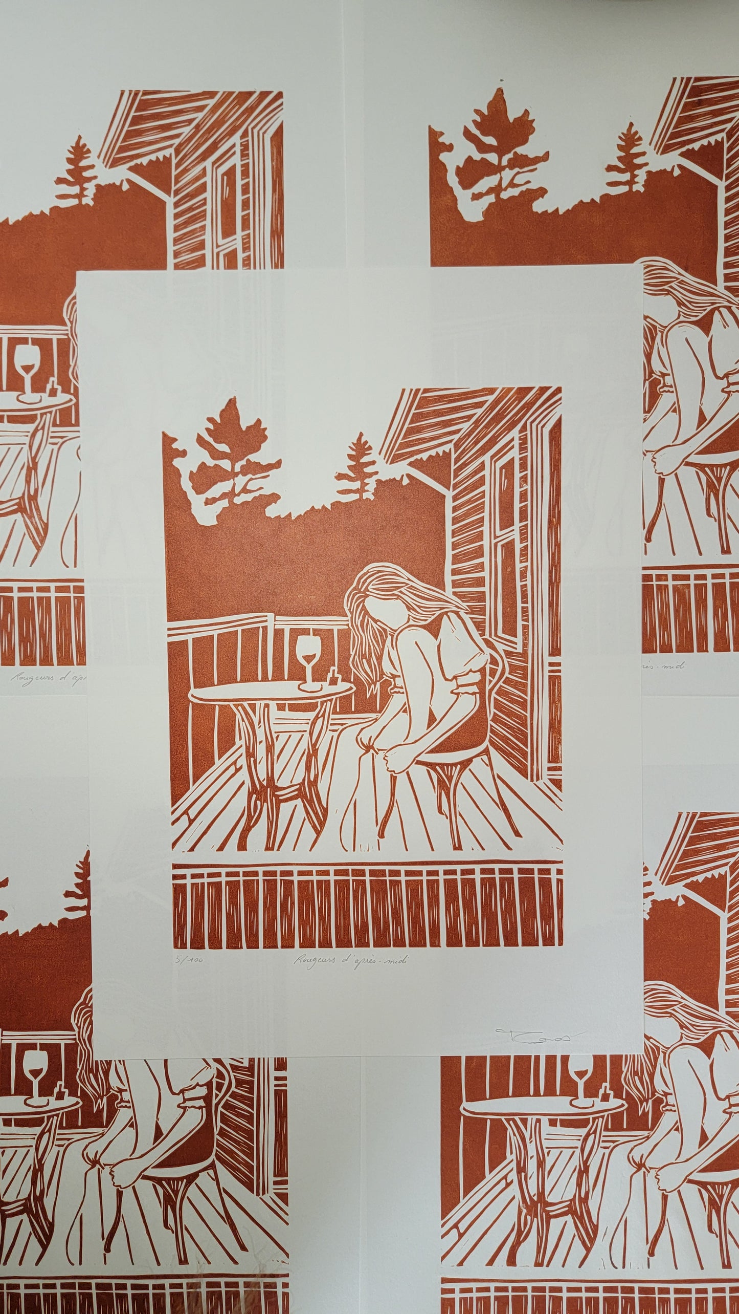 Linogravure originale en édition limitée "Rougeurs d'après-midi" Couleur Sanguine