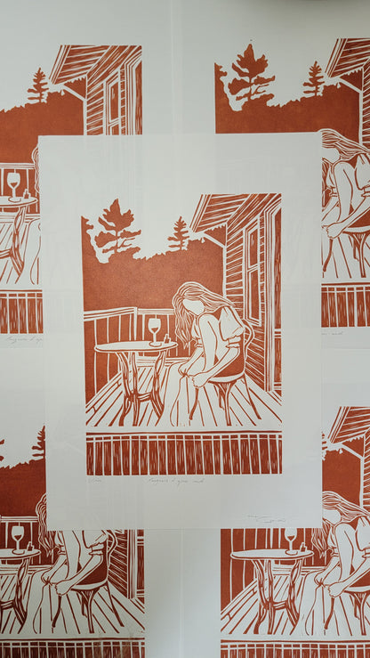 Linogravure originale en édition limitée "Rougeurs d'après-midi" Couleur Sanguine