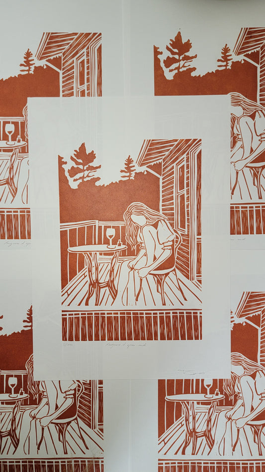 Linogravure originale en édition limitée "Rougeurs d'après-midi" Couleur Sanguine