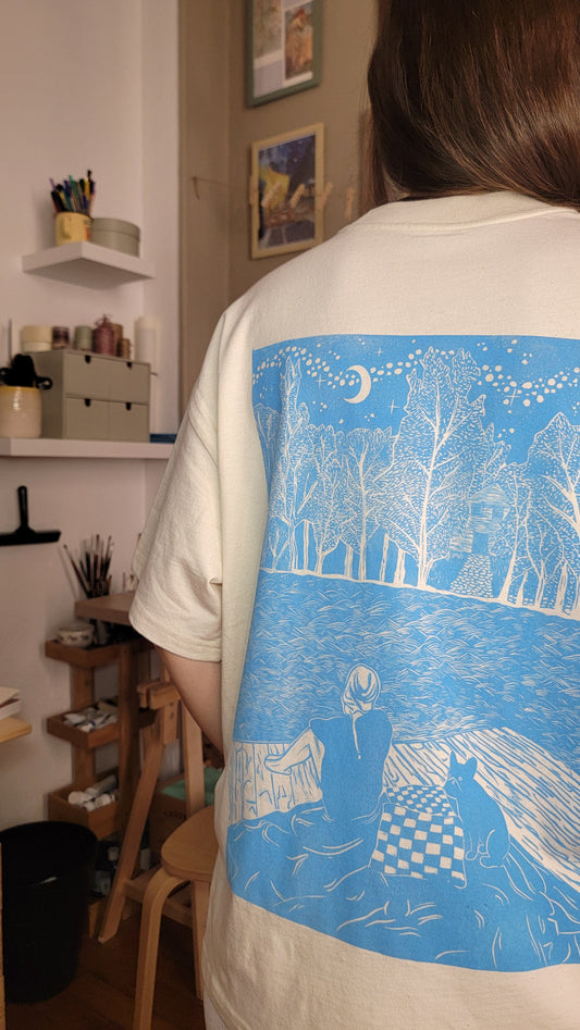 Teeshirt oversize en linogravure - "A l'orée des étoiles" - Couleur bleu clair- Taille XS