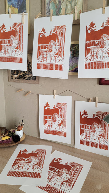 Linogravure originale en édition limitée "Rougeurs d'après-midi" Couleur Sanguine
