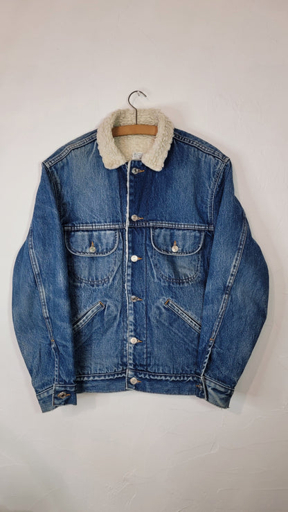 Veste en jean upcyclée peinte à la main. "Epure" - Taille L
