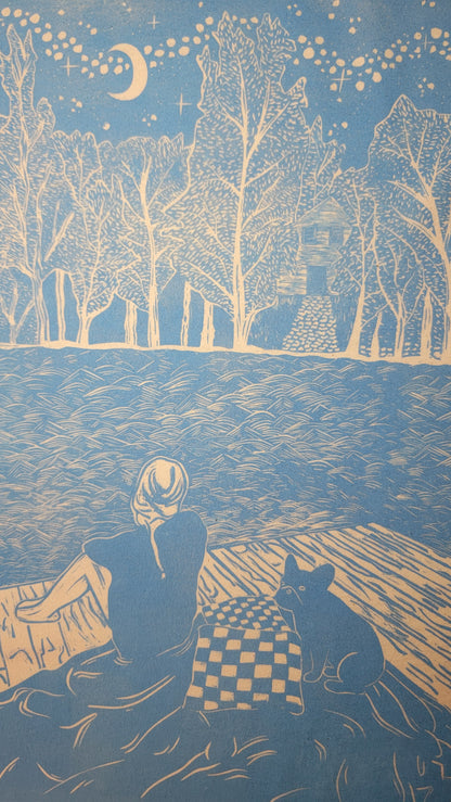 Teeshirt oversize en linogravure - "A l'orée des étoiles" - Couleur bleu clair- Taille XS