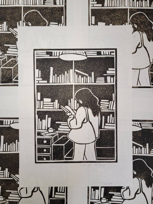 Linogravure originale en édition limitée "Au coeur de la bibliothèque" Couleur Sépia