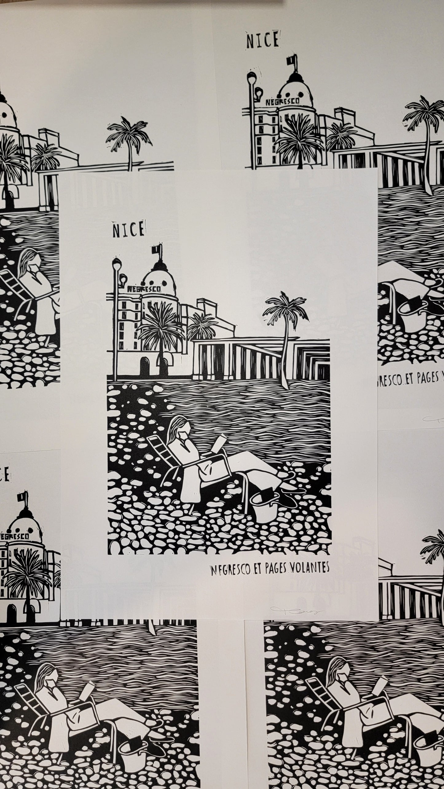 Linogravure originale en édition limitée "Negresco et pages volantes" Couleur Noir de carbone