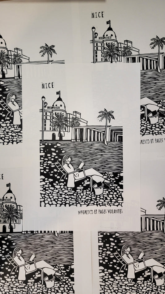 Linogravure originale en édition limitée "Negresco et pages volantes" Couleur Noir de carbone