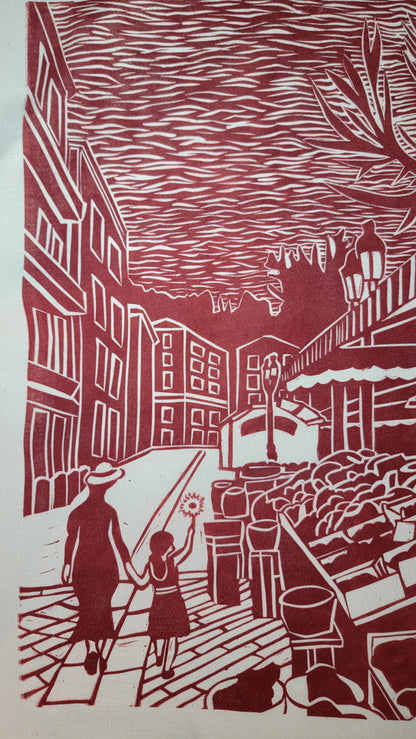 Teeshirt oversize en linogravure - "Au cœur du cours Saleya" - Couleur Terracotta - Taille M